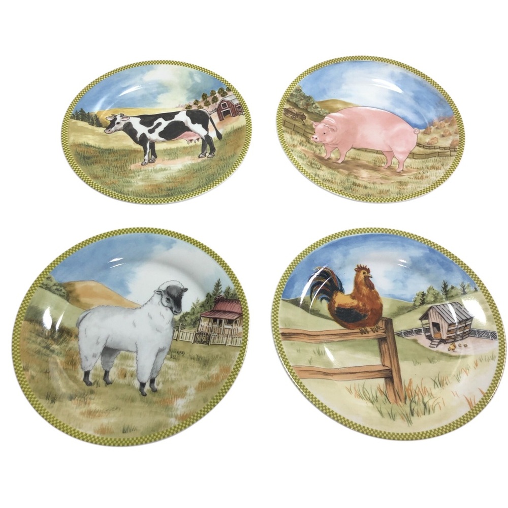 4 American Atelier OL' MCDONALD 8" Dessert Salad Plates Porcelain Farm Animals